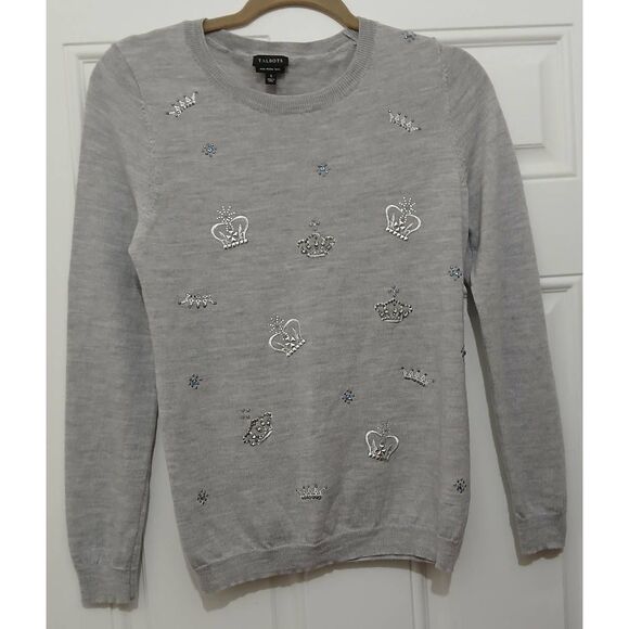 Talbots womens small crown rhinestone crewneck sweater Merino Wool gray - Picture 2 of 9